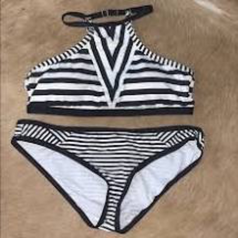 Black and white high neck swim top